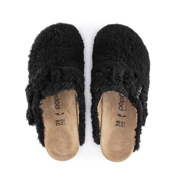 Birkenstock Papillion Black Shearling Cork Wedge Clog Mule EU 38 US 7 Wm’s NWT - Picture 5 of 12